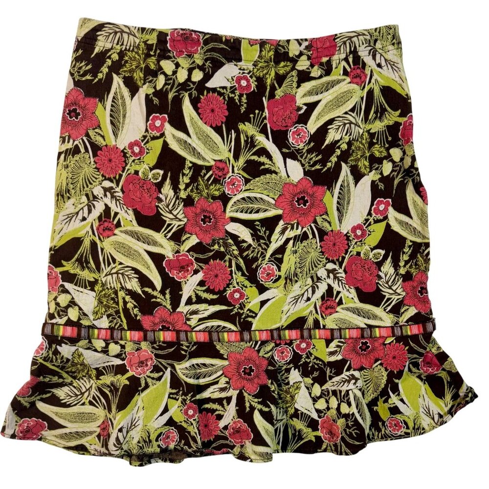 Windridge Floral Ruffle Hem Skirt M Brown Coral Green Floral Print Comfy Feminin